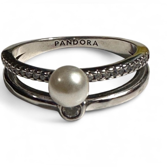 Pandora Silver Freshwater Cultured Pearl Pave Double Band Ring Size 5 NWT - Picture 3 of 8